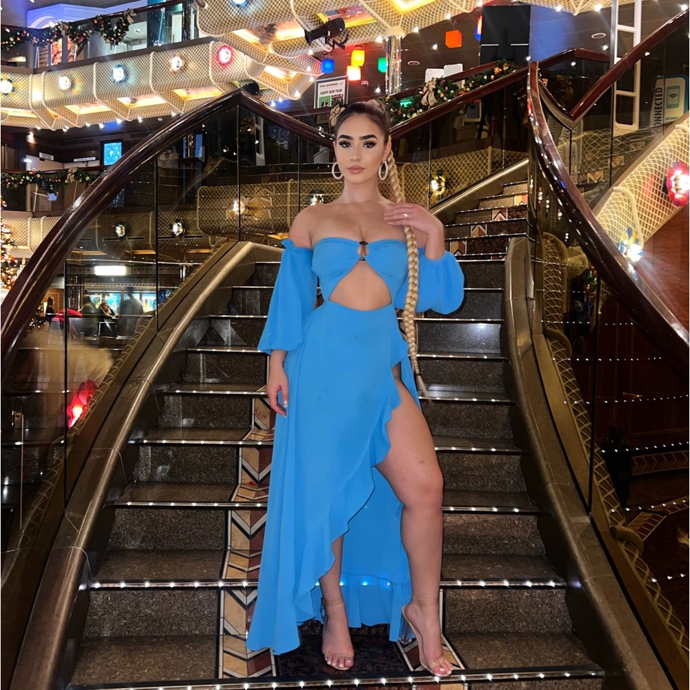 Off shoulder blue maxi dress with slit